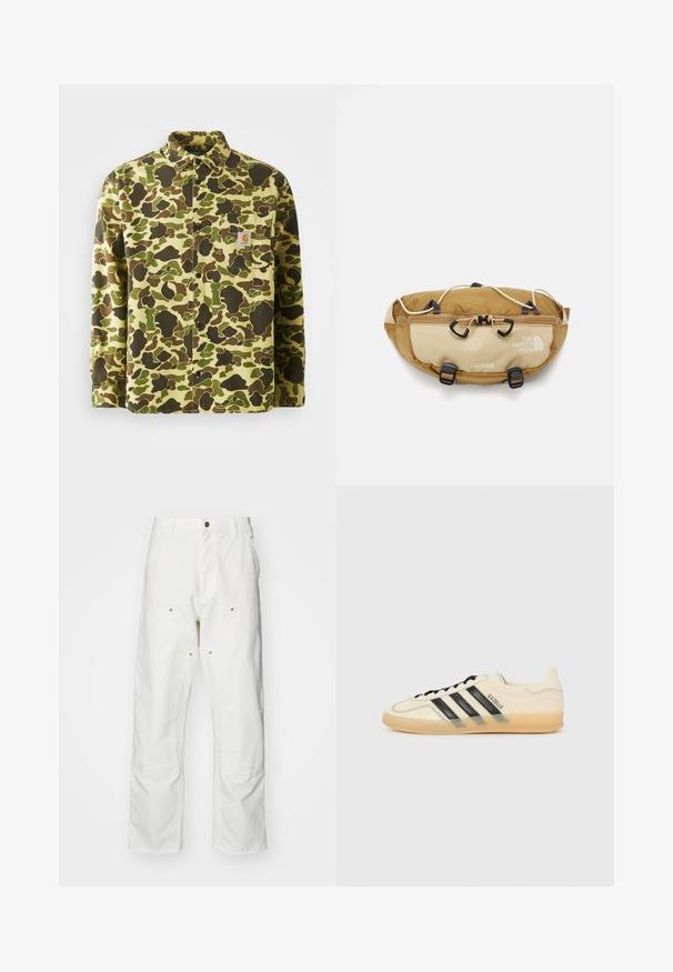 Baumwollhemd mit Knopfleiste, das ein Camouflage-Muster in grünen, braunen und gelben Farbtönen zeigt. Mit Brusttasche und Markenetikett.; Weiße Baumwoll-Cargohose mit lockerer Passform. Zu den Merkmalen gehören Fronttaschen, goldfarbene Hardware-Akzente und verstärkte Kniebereiche.; Helle Creme Sneaker mit schwarzem Drei-Streifen-Design, strukturiertem Obermaterial, runder Zehenpartie und Gummisohle. Verfügt über Schnürsenkel und Branding an der Seite.; The North Face TERRA LUMBAR 3L UNISEX - Gürteltasche - utility brown/khaki stone