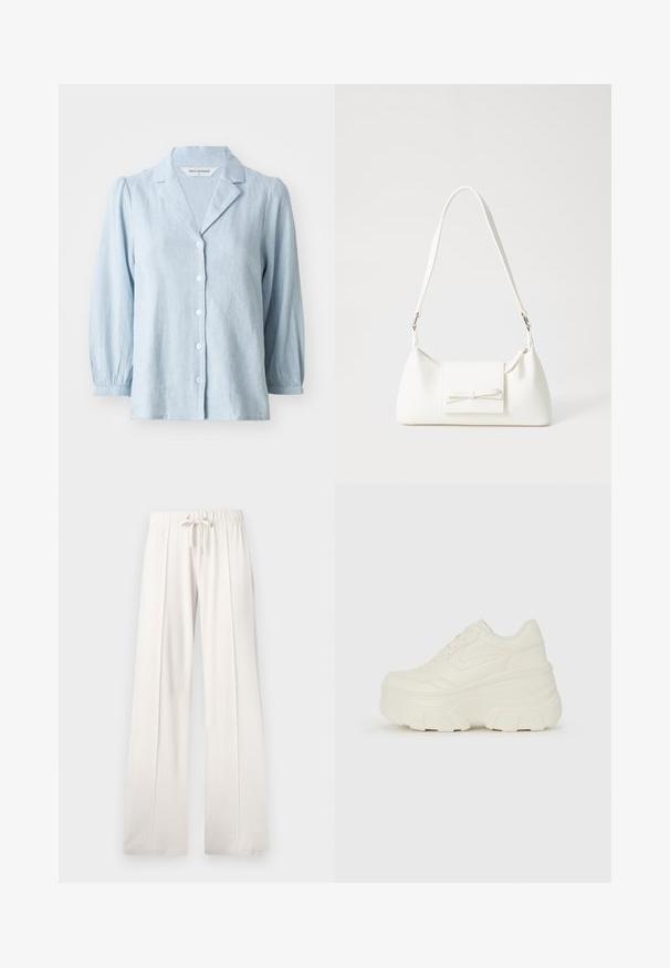 Világoskék, gombos ing, textúrált anyagból készült, kivágott gallérral és puffos ujjakból áll, az elején fehér gombokkal.; Világos bézs színű, puha anyagból készült melegítőnadrág, állítható derékkal, széles lábakkal és függőleges varratokkal, sima felülettel.; Fehér platform sportcipők, sima bőrszerű felsőrésszel, kerek formával, párnázott bokával és texturált gumitalppal, jól definiált mintázattal.; Fehér szintetikus kézitáska, háromszög alakú, lapos előlap, masni részlettel, állítható pánttal, sima textúrával és minimalista dizájnnal.