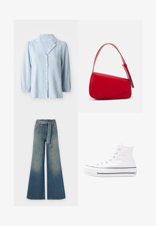 Hele sinine nööbitav särk, mis on valmistatud tekstuursest kangast, notšiga kraega ja puff-sleeved varrukatega, valgete nööpidega ees.; Laiad denimpüksid, millel on hele tume sinine gradiendiefekt, kõrge vöökoht, vöökumlid ja sobivast kangast vöö. Struktureeritud denimi viimistlus.; Valge kõrgem kangast tenniseking, millel on must kummist tald, ees kummist varvasetugi ja kuus aukku paelte jaoks, pakkudes puhta ja minimalistliku disaini.; Punane nahast käekott, millel on nurkadega geomeetriline disain. Omab ühte reguleeritavat rihma ja klappidega sulgemist, millel on õmblustega kaunistused.