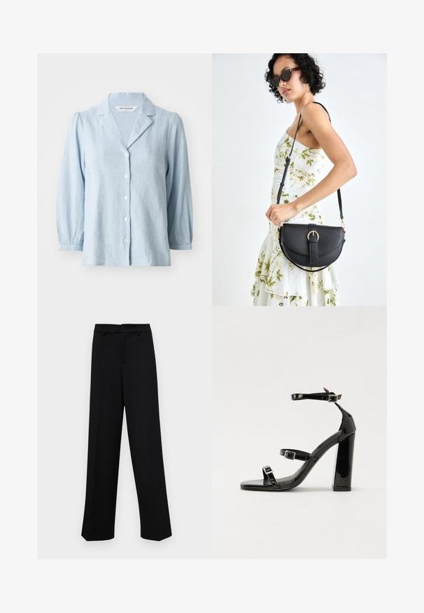 Camisa abotonada de un azul claro, hecha de tejido texturizado, con cuello con muescas y mangas abullonadas, con botones blancos en la parte frontal.; Pantalones de pierna ancha negros, hechos de un tejido suave, con una cintura clásica que incluye un cierre de botón y pliegues frontales.; Sandalias de tacón de charol negro con punta cuadrada, correas en el tobillo y hebillas plateadas. Presentan un tacón grueso para mayor estabilidad.; Bolso de piel negra con forma curva, correa desmontable y herrajes dorados. El bolso cuenta con una solapa con un detalle de hebilla.