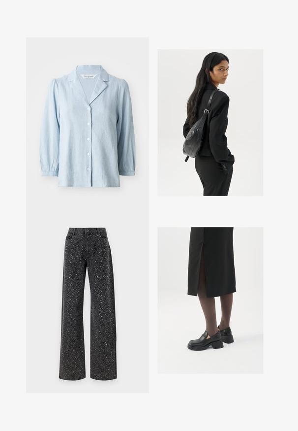 Light blue button-up shirt, made of textured fabric, featuring a notched collar and puffed sleeves, with white buttons down the front.; Noisy May NMJANNEL LOOSE - Relaxed fit jeans - black denim; Black leather shoes with a rounded toe, thick block heel, and elastic side accents, paired with dark tights and a black skirt with a slit.; Woman with long dark hair wearing a black suit, carrying a black leather shoulder bag, looking over her shoulder against a white background.; Silver hoop earrings with a minimalist design. Circular shape, smooth texture, and thin profile. Lightweight with a polished finish.