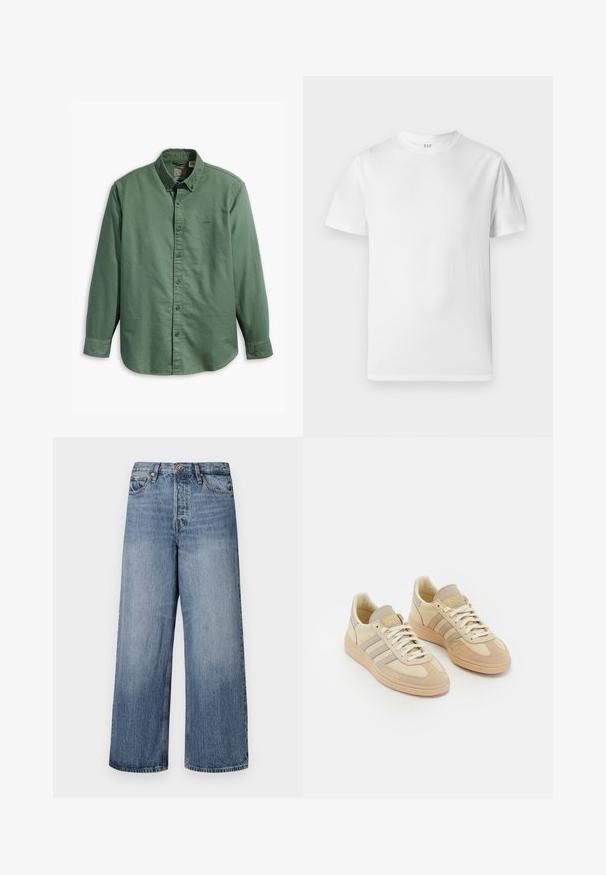 Levi's® AUTHENTIC BUTTON DOWN - Skjorta - mill forest; Vit kortärmad t-shirt tillverkad av mjuk bomull. Har en rund halsringning och en rak fåll med minimal detaljering.; Breda blå denimjeans med en urtvättad look, femficksdesign och knäppning med knapp. Utrustade med bälteshällor och sydda detaljer.; Ljust beige sneakers med mocka och tygmaterial, med tre grå ränder, strukturerade detaljer och en tan gummisula. Skosnören är vita.