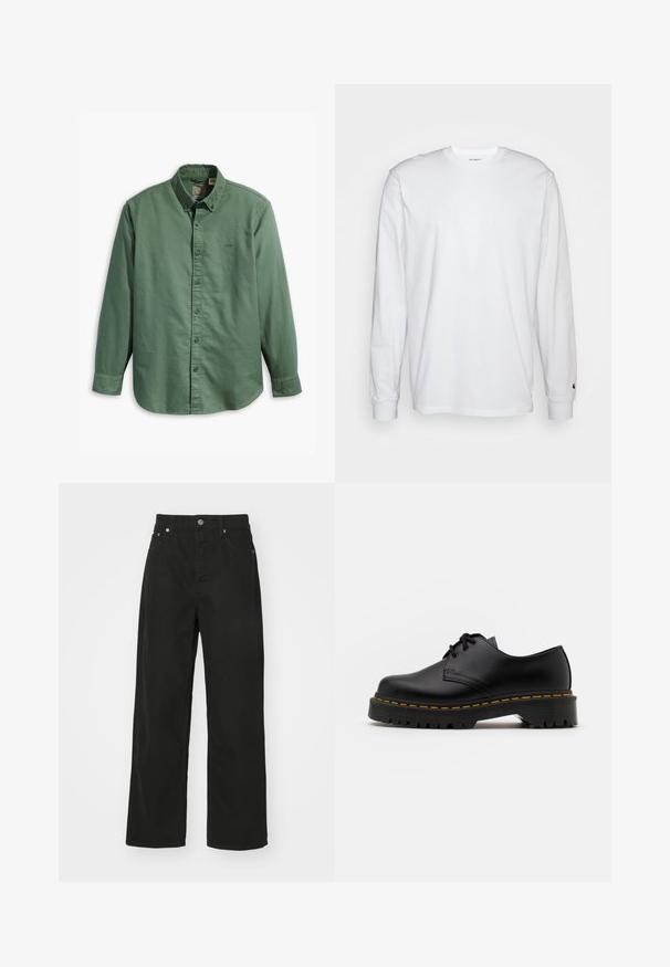 Levi's® AUTHENTIC BUTTON DOWN - Vapaa-ajan kauluspaita - mill forest; Valkoinen pitkähihainen t-paita, joka on valmistettu puuvillasta. Pyöreä kaula-aukko, jossa on resorikujat ja pieni logo vasemmassa hihassa. Tasainen pinta.; Mustat farkut suoran lahjuksen suunnittelulla, joissa on viisi taskua, nappisuljenta ja perinteinen vyötärö. Sujuva tekstuuri.; Musta nahkainen nauhakenkä, jossa on pyöreä kärki, kuvioitu kumipohja ja keltaiset tikit ympäri pohjaa. Litteä muotoilu ja sileä pinta.