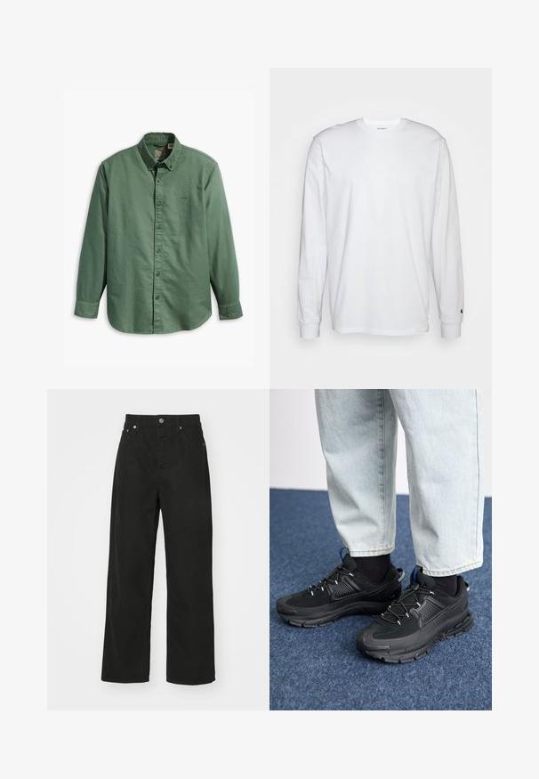 Levi's® AUTHENTIC BUTTON DOWN - Shirt - mill forest; White long-sleeved T-shirt made of cotton. Crew neck design with ribbed cuffs and a small logo on the left sleeve. Smooth texture.; Black denim trousers with a straight leg design, featuring five pockets, a button closure, and a classic waistband. Smooth texture.; Black athletic shoes with textured fabric and rubber soles, featuring elastic laces and a blue accent on the heel. Worn with light denim pants.