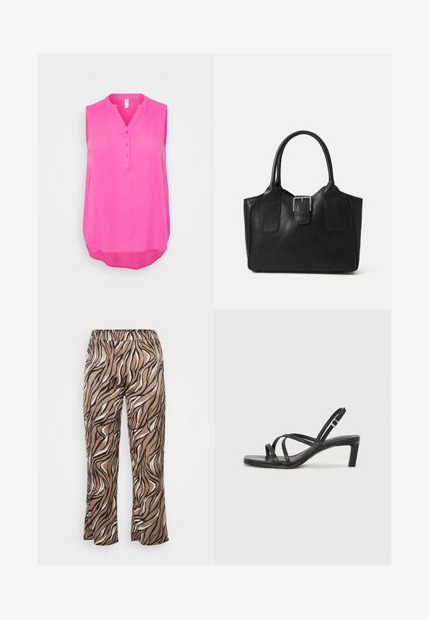 Bezrukávová blúzka v jasne ružovej farbe, vyrobená z ľahkej látky. Má V-výstrih s štyrmi gombíkmi a zakrivený spodný lem pre voľný strih.; Hnedé a krémové nohavice so zebrovaným vzorom s elastickým pásom, s voľným strihom a hladkým textilným povrchom.; Čierne sandále na vysokom podpätku so štvorcovou špičkou a nízkym blokovým podpätkom. Obsahujú viacero tenkých popruhov a nastaviteľný členkový popruh. Vyrobené z hladkej kože.; Čierna kožená taška s hladkou textúrou, štruktúrovaným tvarom, dvoma uchami a výrazným strieborným prackovým detailom na prednej strane.; Strieborný prsteň s dvojitým pásikom s hladkým, lesklým povrchom. Má plynulý, zakrivený dizajn s prekryvajúcimi sa časťami pre moderný vzhľad.