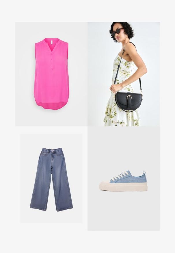 Ärmløs bluse i lys rosa, laget av lett stoff. Har en V-hals med fire knapper og en buet hem for en avslappet passform.; Bredde ben jeans i lys blå vask, med høy livhøyde, frontlommer og knappelukking med beltehemper.; Lys blå canvastøfler med en kremfarget gummitupp og yttersåle, med hvite snørebånd og en løfteløkke på hælen.; Svart lærveske med en buet form, avtagbar stropp og gullbeslag. Vesken har et klaff med spenne-detall.