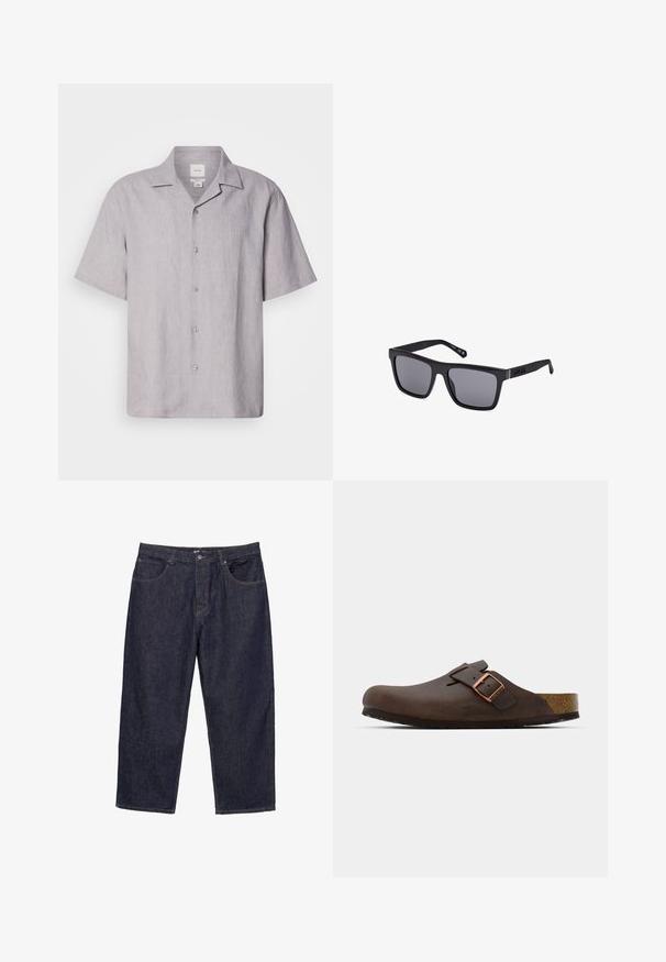 Košela z ľanového materiálu s krátkymi rukávmi v svetlošedej farbe, so záložkovým golierom, piatimi gombíkmi na prednej strane a hladkým, textúrovaným povrchom.; Tmavo modré deninové rifle so rovnými nohavicami, s predným gombíkom, zipsom a piatimi vreckami, zobrazené na bielom pozadí.; Hnedé kožené dreváky s širokým remienkom a meďou pokovovanou prackou, s textúrovanou korkovou stielkou a hrubou čiernou gumovou podrážkou.; Čierne obdĺžnikové slnečné okuliare s tmavými sklami, matným povrchom a logom na spánku. Dizajn má rovné hrany a hrubé rámy.