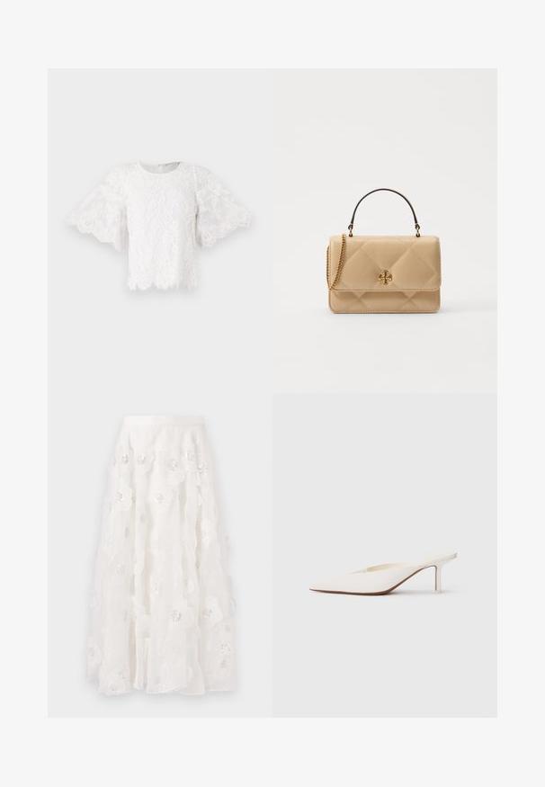 Vit blus i spets med korta utsvängda ärmar, rund halsringning och scallop-edgad fåll. Delikata blommönster syns på tyget.; Vit kjol i knÄllängd med blommig broderi och silverpaljetter. Lätt, flödande tyg med volanglager och en figursydd midja.; Spetsig tå vit mule med en låg stilettklack. Tillverkad av mjukt material med en minimalistisk design och subtila bruna souldetaljer.; Quiltad beige läderhandväska med guldfärgade detaljer, kedjesnor och bärhandtag. Har en framficka med klaff och signaturlogo.