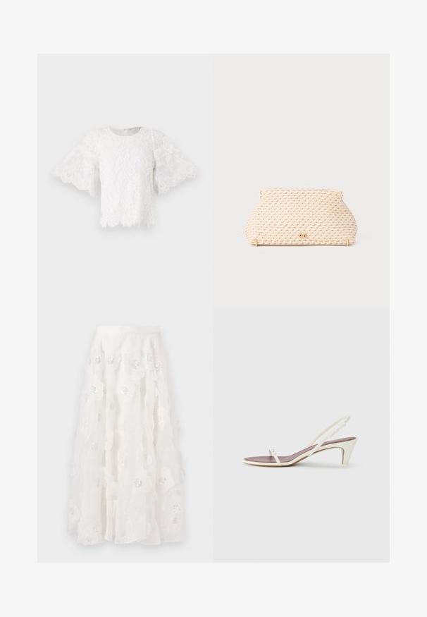 Balta nėriniuota bliuskutė su trumpomis, išplatintomis rankovėmis, apvaliu kaklu ir banginiu galiuku. Audinyje matomi subtilūs gėlių raštai.; Balta, iki kelių siekianti sijonas su gėlėmis siuvinėjimu ir sidabriniais blizgučiais. Lengvas, plazdantis audinys su volanų sluoksniais ir pritaikytu liemeniu.; Baltos slingback šlepetės su lengvu kulnu, plonais dirželiais ir lygia odos tekstūra; turi mažą dekoratyvinę sagtelę.; Audinės smėlio spalvos pagalvėlė su apvalia forma, auksinės spalvos metalinių detalių akcentais ir tekstūruotu raštu. Uždarymo mechanizmas viršuje.