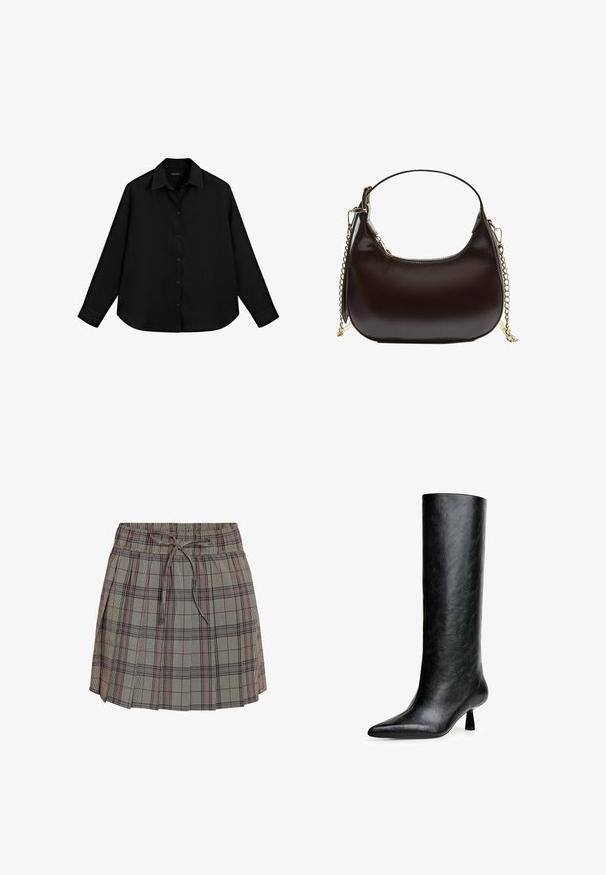 Schwarzes Langarmshirt aus leichtem Material mit durchgehender Knopfleiste, spitzem Kragen und gerundetem Saum.; Karierte Bluse mit elastischem Bund und verstellbarem Zugband. Sie hat eine hellgraue Basis mit schwarz-rotem Karomuster.; Schwarze kniehohe Stiefel aus strukturiertem Leder. Mit spitzem Zeh und kleinem, ausgestellt Absatz. Schlankes, glattes Design mit minimalen Akzenten.; Schwarze Leder-Umhängetasche mit einer geschwungenen Silhouette, ausgestattet mit einem goldenen Kettenriemen und einer glatten, glänzenden Oberfläche.