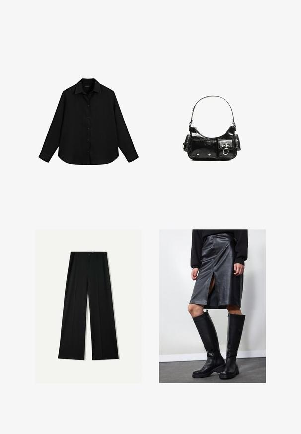 Sort langærmet skjorte lavet af letvægtsmateriale, med knaplukning foran, spids krave og rundet kant.; Bershka WIDE - Bukser - black; Sort læder blyantskirt med forkort slit, parret med knæhøje sorte støvler med lynlås og en kraftig sål for ekstra højde.; Sort patenteret læder håndtaske med en buet form, en skulderrem, frontlommer og hardware accenter i sølvfarve.