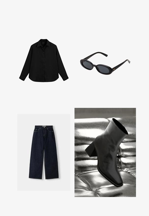 Czarna koszula z długim rękawem, wykonana z lekkiego materiału, z zapięciem na guziki z przodu, spiczastym kołnierzem i zaokrąglonym dołem.; Granatowe dżinsy z szerokimi nogawkami i wysokim stanem, pięć kieszeni, kontrastowe szwy i srebrne metalowe akcesoria. Gładka tekstura i czyste wykończenie.; Czarne botki za kostkę wykonane z błyszczącego materiału, z kwadratowym noskiem i zwężającym się obcasem, na tle błyszczącego srebrnego tapicerowanego tła.; Czarne, oversize okulary przeciwsłoneczne z owalnymi soczewkami, gładkim plastikowym mostkiem i złotymi akcentami na zausznikach. Ciemne soczewki zapewniają ochronę przed słońcem.
