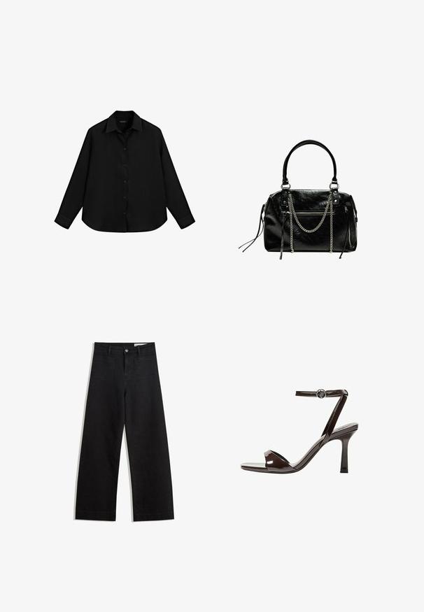 Schwarzes Langarmshirt aus leichtem Material mit durchgehender Knopfleiste, spitzem Kragen und gerundetem Saum.; Schwarze weit geschnittene Jeans mit hoher Taille, ausgestattet mit Vorder- und Hintertaschen, gesteppten Nähten und einem Knopfverschluss. Glatte Textur.; Braune Lackleder-High-Heelsandale mit einem Knöchelriemen, offener Zehenpartie und einem schlanken, minimalistischen Design. Verfügt über einen quadratischen Absatz.; Bershka WITH CHAIN - Handtasche - black