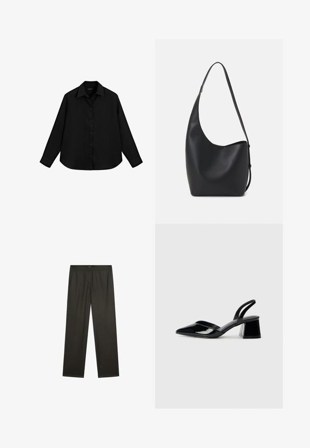Camicia nera a maniche lunghe realizzata in materiale leggero, con chiusura a bottoni sul davanti, colletto a punta e orlo arrotondato.; Pantaloni larghi di colore verde scuro, con una texture liscia, cintura elastica e tasche laterali. Design semplice senza modelli o accessori visibili.; Décolleté in vernice nera con punta affusolata e tacco in geometria cubica. Presentano un design elegante e minimalista, con una texture liscia.; Borsa hobo nera in pelle con una superficie liscia, forma curvata e una singola tracolla regolabile; presenta un'ampia apertura nella parte superiore.