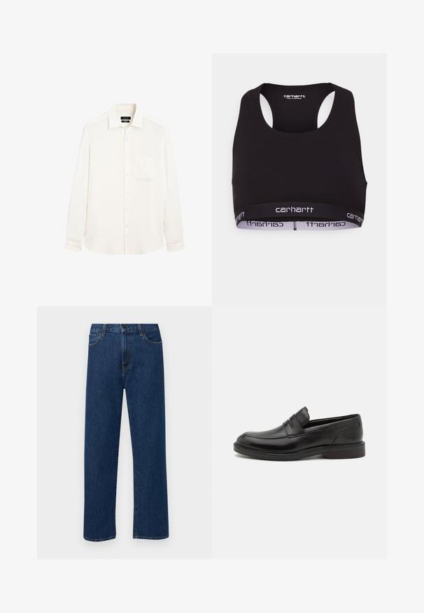 Langärmliges, cremefarbenes Hemd aus leichtem Leinen mit einem Button-Down-Kragen und einer einzelnen Brusttasche. Das Hemd hat eine lockere Passform.; Schwarzer Sport-BH mit rundem Ausschnitt und Racing-Rücken-Design. Verfügt über einen verstärkten Bund mit weißem "Carhartt"-Branding. Weicher Stoff.; Dunkelblaue gerade geschnittene Jeans mit Fronttaschen und Knopfverschluss, auf einem schlichten weißen Hintergrund präsentiert.; Schwarze Lederloafers mit genähter Zehenpartie, zwei horizontalen Riemen über dem Blatt und einem Holzabsatz. Glatte Textur und abgerundete Form.