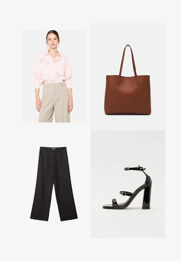 LolaLiza Camicia - offwhite; Pantaloni neri a gamba larga realizzati in tessuto liscio, con zip frontale e due tasche laterali, dal taglio sartoriale e design minimalista.; Sandali con tacco in vernice nera, con punta squadrata, cinturini alla caviglia e fibbie in argento. Presentano un tacco a blocco spesso per maggiore stabilità.; Borsa tote in pelle marrone con texture liscia, design con apertura superiore e due spallacci. Presenta cuciture minime e nessun hardware visibile.