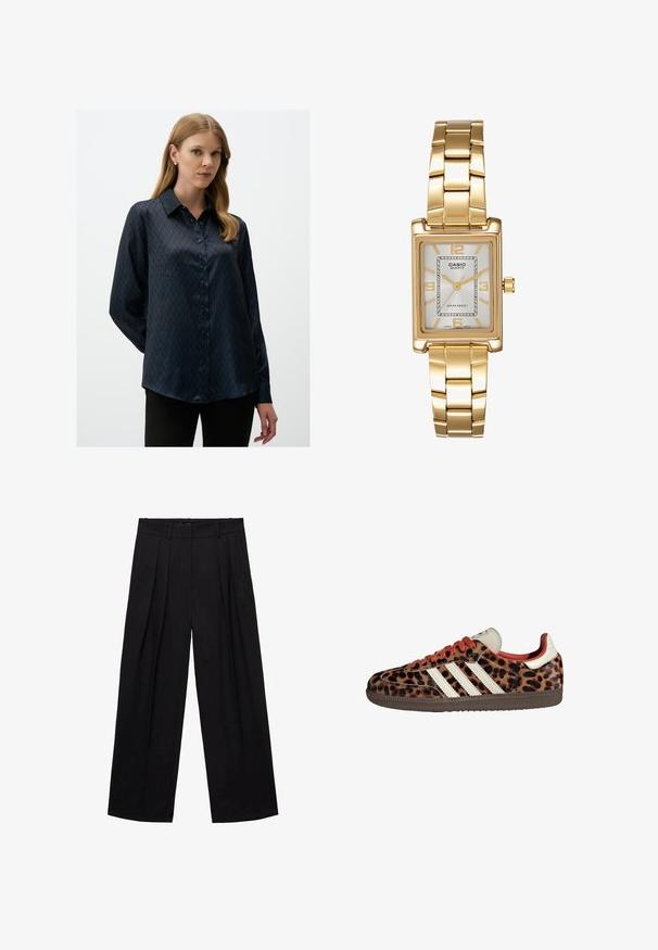 Dark blue satin blouse featuring a diamond pattern, pointed collar, and button-down front. Long sleeves with a relaxed fit.; Black pleated trousers with a high waist, wide leg design, made from a smooth fabric. Features side pockets and a zip closure.; Leopard print sneakers with suede material, red laces, and three white stripes on the side. Features a cream-colored tongue and brown sole.; Gold-tone rectangular wristwatch with a white dial, silver-tone hour markers, and a durable metal link bracelet. Water-resistant feature included.