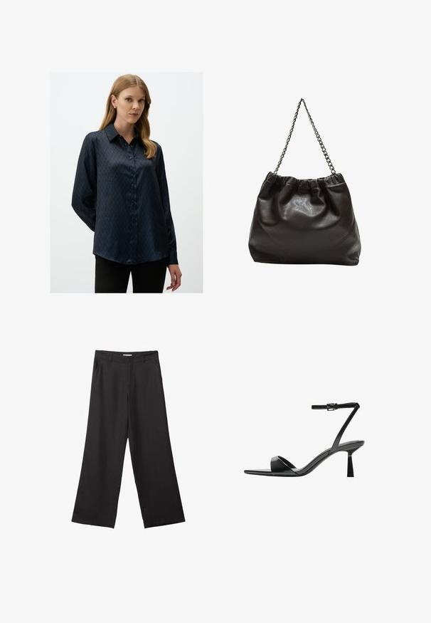 Dunkelblaue Satinbluse mit Diamantmuster, spitzem Kragen und durchgehender Knopfleiste. Lange Ärmel mit entspannter Passform.; Schwarze weite Hosen aus glattem Stoff, mit einem Reißverschluss vorne und zwei seitlichen Taschen, maßgeschneiderter Passform und minimalistischem Design.; Bershka High Heel Sandalette - black; Braune Lederhandtasche mit gerafftem Oberteil und Kettenriemen. Glatte Textur mit glänzendem Finish und subtilen Nahtdetails an den Seiten.