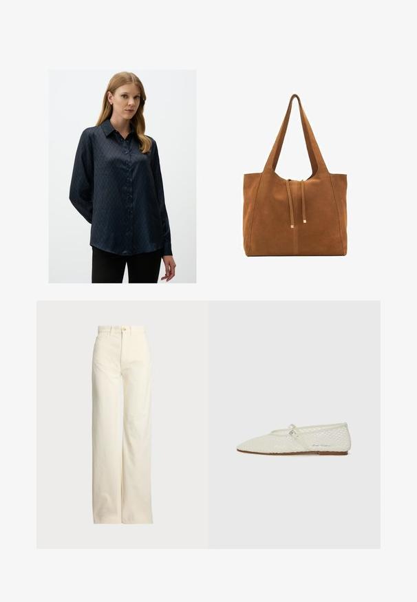 Donkerblauwe satijnen blouse met een diamantpatroon, puntige kraag en knoopsluiting aan de voorkant. Lange mouwen met een relaxte pasvorm.; Polo Ralph Lauren COTTON CORDUROY WIDE-LEG PANT - Broek - warm white; Crème-kleurige mesh balletschoen met een spitse neus en verstelbare band. Heeft een textuur bovenkant en een platte, brown zool.; Bruine suède schoudertas met twee lange hengsels, trekkoordsluiting en minimalistisch ontwerp. Gladde textuur en geen zichtbare hardware-accenten.