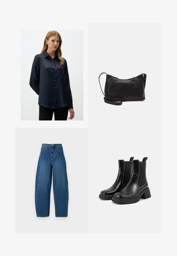 Blouse en satin bleu foncé avec un motif en diamant, un col pointu et une fermeture à boutons sur le devant. Manches longues avec une coupe décontractée.; Jean en denim de teinte bleu moyen, présentant une taille haute, une coupe large et un design standard à cinq poches avec des détails de coutures visibles.; Bottes Chelsea en cuir noir avec un talon épais, des panneaux latéraux élastiques et des coutures blanches contrastantes. Fini texturé.; Sac à épaule en cuir noir avec une texture lisse, une forme courbée, une bandoulière ajustable et une fermeture éclair. Design minimaliste sans embellissements.