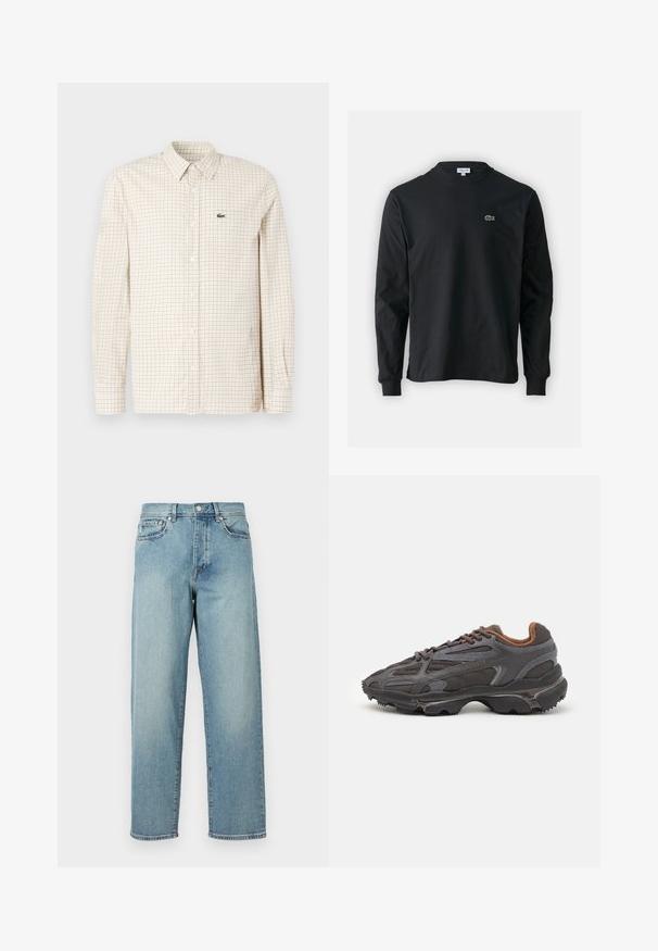 Camisa de manga larga con botones en color crema con un patrón de rejilla marrón claro, que presenta un cuello clásico y un pequeño logotipo bordado.; Camiseta de manga larga negra de algodón, con escote redondo y un pequeño logo de cocodrilo bordado en verde en el lado izquierdo del pecho.; Jeans de mezclilla azul claro con un corte amplio, piernas rectas, diseño de cinco bolsillos y cierre de botón en la cintura. Detalle de costura minimalista.; Zapatillas Lacoste en gris oscuro con material de malla y sintético, que cuentan con una suela texturizada y detalles en marrón en el cuello y la marca.