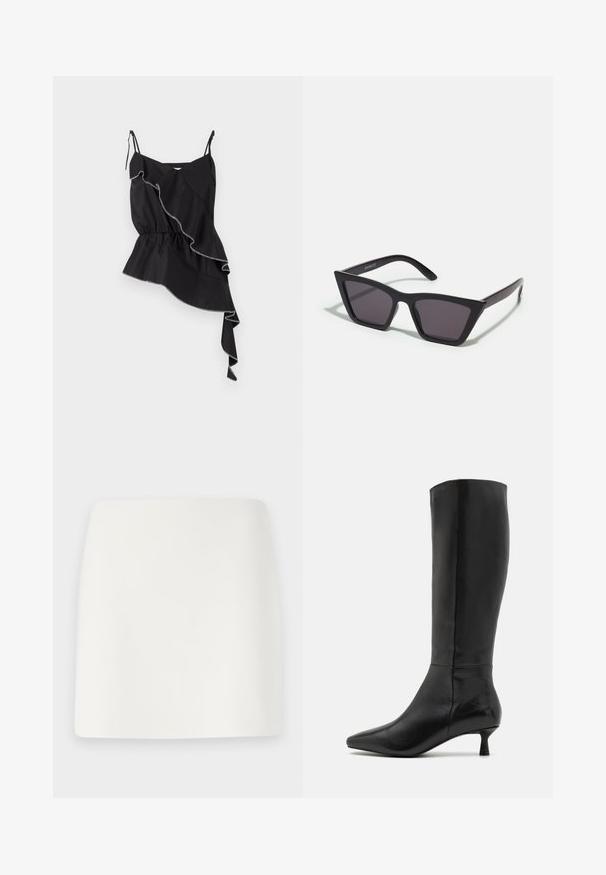 Black sleeveless top with ruffled asymmetrical design, gathered waist, and contrasting white stitching accentuating the edges.; White, fitted mini skirt with a smooth texture and clean lines. No visible patterns or hardware. Straight hem at the bottom.; Zign Boots - black; Black, angular sunglasses with gray lenses; made of plastic, featuring thick arms with a smooth surface and no visible hardware.