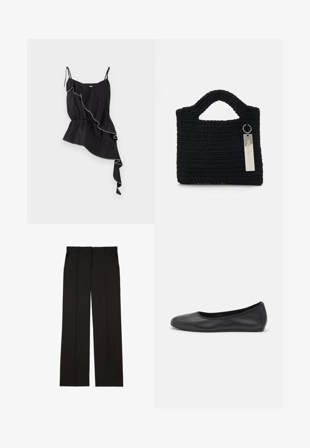 Top senza maniche nero con design asimmetrico arricciato, vita arricciata e cuciture bianche a contrasto che mettono in risalto i bordi.; Pantaloni neri su misura realizzati in un tessuto liscio, con un design a gamba dritta e due tasche laterali. Costruzione elegante e minimalista.; Pantofole da balletto nere in pelle con punta arrotondata, texture liscia, dettagli di cucitura minimi e design con suola flessibile.; Won Hundred MARSIELLE COMPUTER BAG UNISEX - Borsa porta PC - black