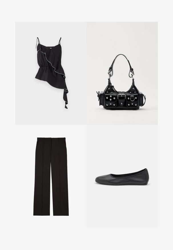 Crna majica bez rukava s naboranim asimetričnim dizajnom, skupljenim strukom i kontrastnim bijelim šavovima koji naglašavaju rubove.; Crne krojene hlače izrađene od glatkog materijala, s ravnim krojem i dva bočna džepa. Elegantna i minimalistička konstrukcija.; Crne kožne baletanke s zaobljenim vrhom, glatke teksture, minimalnim detaljima šavova i fleksibilnim dizajnom potplata.; Crna kožna torba s zakrivljenim dizajnom, koja sadrži srebrne zakovice, kopču i dva bočna džepa. Podesiva traka za različite opcije nošenja.