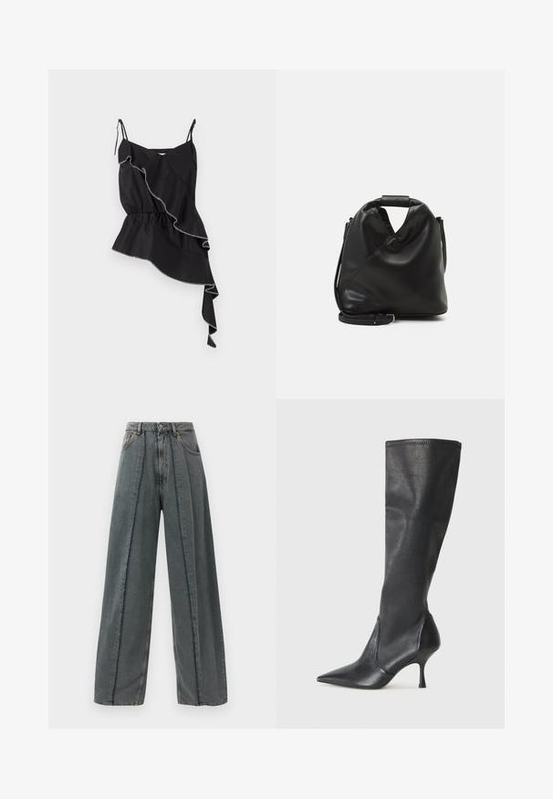 Sort ærmeløs top med rynket asymmetrisk design, samlet talje og kontrastfyldt hvid syning, der fremhæver kanterne.; Bredde ben mørkegrå denimjeans med høj talje, slidte sømdetaljer der løber lodret ned foran, og klassisk fem-lommers design.; Knæhøje sorte læderstøvler med spidse tæer og slanke stiletto-hele. Glat tekstur med en tætsiddende design og syninger ved toppen.; Sort, blødt lædertaske med et unikt snoet design. Har et kort håndtag og en aftagelig skulderrem. Minimalistisk stil.