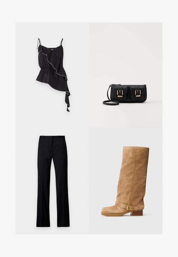 Zwarte mouwloze top met een gerimpeld asymmetrisch ontwerp, gathered taille en contrasterende witte stiksel die de randen accentueert.; Zwarte rechte broek van gladde stof, met een platte voorkant, riemlussen en zonder zichtbare zakken of versieringen.; Tan suède laarzen tot halverwege het kalf met een lage, gestapelde hak, ronde neus en een verstelbare band met een gouden gesp rond de enkel.; Zwarte leren schoudertas met twee vo pockets, gouden gespen, ritsluiting en een smalle band. Tekstuur oppervlak en compacte rechthoekige vorm.