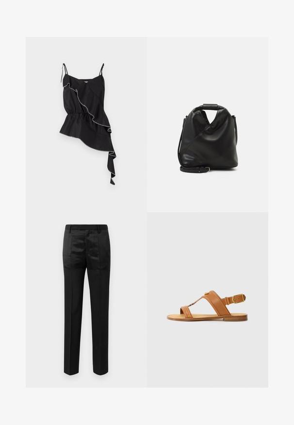Schwarzes ärmelloses Oberteil mit gerafftem, asymmetrischem Design, gerafftem Taillenbereich und kontrastierenden weißen Nähten, die die Kanten betonen.; Schwarze maßgeschneiderte Hosen mit geraden Beinen und einem Bund mit Gürtelschlaufen, ausgestattet mit einer Mischung aus matten und glänzenden Stoffpaneelen.; Braune Leder-Sandalen mit verstellbarem Knöchelriemen, flacher Sohle und gekreuzten Oberriemen. Glatte Textur, minimalistisches Design, goldfarbene Hardware-Akzente.; Schwarze, weiche Ledertasche mit einem einzigartigen verdrehten Design. Hat einen kurzen Griff und einen abnehmbaren Schultergurt. Minimalistischer Stil.