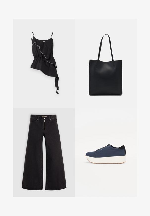 Black sleeveless top with ruffled asymmetrical design, gathered waist, and contrasting white stitching accentuating the edges.; Wide-leg jeans in black denim with a zippered front, five-pocket design, and subtle stitching details. Smooth texture and casual style.; Navy blue sneaker with a textured fabric upper, white platform sole, rounded toe, and black heel accent. Features six eyelets for laces.; Black leather tote bag with smooth texture, rectangular shape, and two long handles. No visible hardware or embellishments.