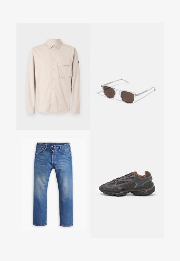 Světle béžová košile s dlouhým rukávem na knoflíky, vyrobená z bavlny, s kapsou na levé straně hrudi a logem na rukávu. Jednoduchá textura.; Modré riflové džíny, rovný střih, s viditelným vyblednutím, zapínání na knoflík a zip, pět kapes a oranžové švy.; Sněrovací boty Lacoste v tmavě šedé barvě s síťovinou a syntetickým materiálem, prezentující texturovanou podrážku a hnědé detaily na límci a logu.; Průhledné plastové sluneční brýle s obdélníkovými hnědými skly, vybavené tenkými průhlednými obrubami a kovovými detaily na spáncích.