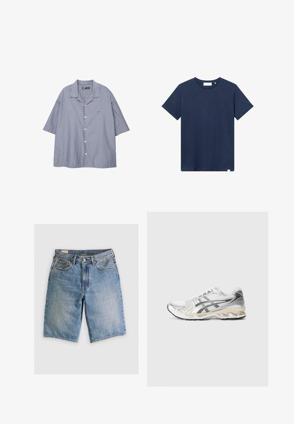 Prúžkovaná košeľa na gombíky v modrej a bielej farbe s uvoľneným strihom, krátkymi rukávmi a prehnaným golierom. Obsahuje malé logo na hrudi.; Námornícky modré bavlnené tričko s kruhovým výstrihom, krátkymi rukávmi a malým vyšitým logom na ľavej hrudi. Hladká textura.; Denimové šortky v svetlomodrej farbe s klasickým strihom. Obsahujú päť vreciek, oranžové švy a surové okraje.; Biele športové topánky so striebornými a čiernymi akcentmi, sieťovaným zvrškom, štruktúrovaným dizajnom, polstrovanou podrážkou a flexibilným vzorom podrážky.