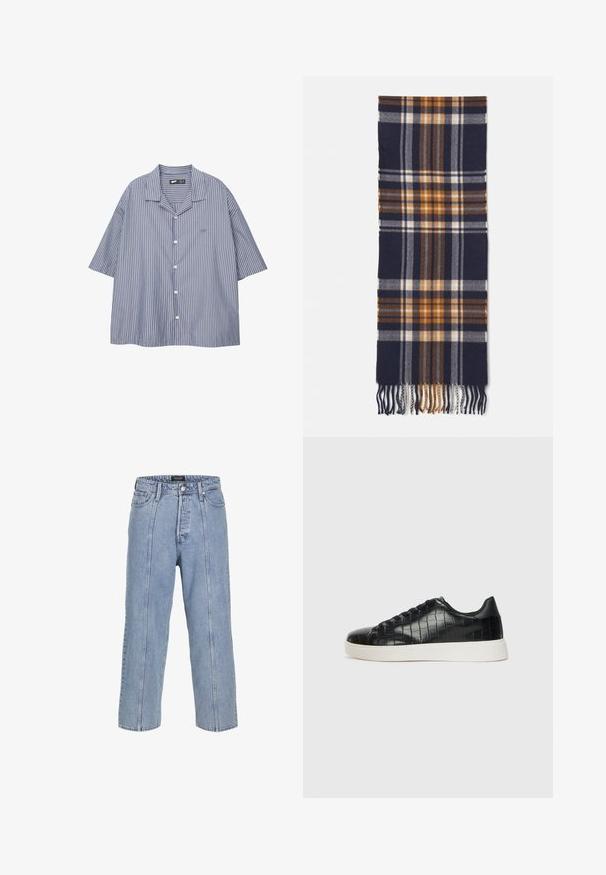 Cămașă cu dungi, albă și albastră, cu un croi lejer, mâneci scurte și guler pliat. Prezintă un logo mic pe piept.; Jeans din denim de culoare albastră deschisă, cu o croială lejeră, picioare largi și detalii de cusătură vizibile. Caracteristică un sistem de închidere cu nasture și fermoar, precum și cinci buzunare.; Tenisi negri cu un exterior din piele texturată imitată crocodil, vârf rotund și o talpă din cauciuc alb contrastant, cu un finisaj neted.; Fular în carouri de culoare bleumarin, fabricat dintr-un material moale, cu modele de carouri portocalii, albe și maronii, având capete franjurate pentru textură.