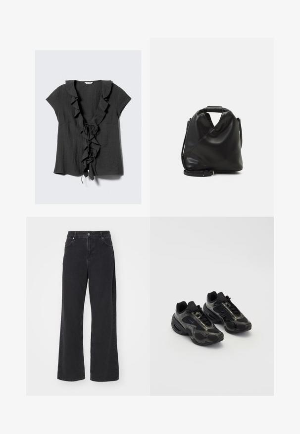 Dunkelgraue Bluse mit kurzen Ärmeln, gerüschtem Kragen und Vorderseite sowie einer Bindeschließe. Hergestellt aus einem strukturierten, leichten Stoff.; Schwarze High-Waist Straight-Leg-Jeans mit vorderem Knopf, Gürtelschlaufen und Taschen, vor einem weißen Hintergrund präsentiert.; Schwarze Sportschuhe aus synthetischem Material mit Mesh-Akzenten und abgerundeten Sohlen. Verfügt über ein Schnürsystem und ein prominentes Nike-Logo auf der Zunge.; Schwarze, weiche Ledertasche mit einem einzigartigen verdrehten Design. Hat einen kurzen Griff und einen abnehmbaren Schultergurt. Minimalistischer Stil.