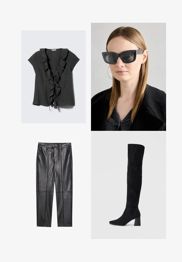 Blusa cinza escura com mangas curtas, gola franzida e detalhes na frente, e fecho de laço. Feita de um tecido leve e texturizado.; Calças de pele preta com uma textura suave, apresentando um ajuste reto, dois bolsos frontais e detalhes de costura visíveis.; Bota de camurça preta até ao joelho com salto bloco, bico fino e design suave e sem costuras sobre um fundo claro.; Óculos de sol pretos em formato de gato com lentes escuras, armações grossas e acentos subtis. Usados com um casaco preto e uma blusa cinza, apresentando cabelo longo e liso.
