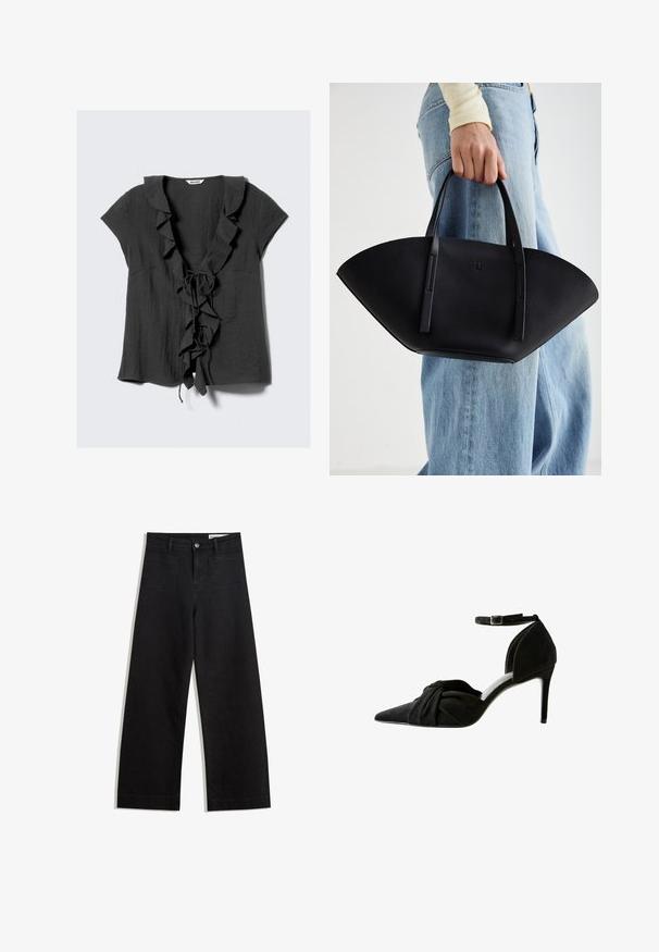 Tmavě šedá blůza s krátkými rukávy, rýhovaným límcem a předními volány, a s uzavřením na mašli. Vyrobena z texturované, lehké látky.; Černé denimové kalhoty s volným střihem a vysokým pasem, vybavené předními a zadními kapsami, prošívanými švy a knoflíkovým zapínáním. Hladká textura.; Černá semišová vysoká bota na podpatku s špičatou špičkou, uzlovým detailem v přední části, páskem kolem kotníku a tenkým jehlovým podpatkem.; Černá kožená kabelka s jedinečným tvarováním ve tvaru vějíře, vybavená plochými uchy. Povrch má jemně zrnitou texturu a minimalistický design.