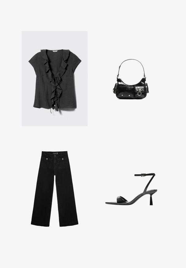 Tmavě šedá blůza s krátkými rukávy, rýhovaným límcem a předními volány, a s uzavřením na mašli. Vyrobena z texturované, lehké látky.; Černé široké džíny s vysokým pasem, obsahující dvě přední kapsy a kovové knoflíkové detaily. Látka má hladkou texturu.; Bershka Sandály na vysokém podpatku - black; Černá lakovaná kožená kabelka s křivkovým tvarem, jedním ramenním popruhem, předními kapsami a stříbrnými kovovými detaily.