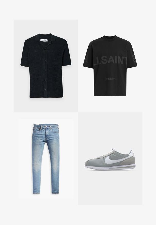 Cardigan nero a maniche corte realizzato in tessuto a maglia testurizzato. Presenta un collo a camicia e una chiusura frontale con bottoni abbinati.; T-shirt nero oversize con il testo grigio scuro "ALLSAINTS" sul petto e "LONDON" in lettere più piccole sottostante.; Jeans in denim blu chiaro con una vestibilità slim, design a cinque tasche e leggere sfumature. Presentano una chiusura con bottoni e orlo cucito.; Scarpa sportiva grigia con tomaia in camoscio e tessuto, swoosh Nike bianco e lacci bianchi. Presenta una suola in gomma testurizzata e un collare imbottito.