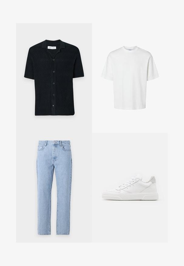 Korte mouwen zwarte cardigan van textuur gebreide stof. Heeft een kraag en een knoopsluiting aan de voorkant met bijpassende knopen.; Witte katoenen t-shirt met korte mouwen, ronde hals en een relaxed fit. Gladde textuur zonder zichtbare patronen of accenten.; Lichtblauwe spijkerbroek met een recht model, vijf zakken en een knoopsluiting. Zachte textuur met een klassieke vervaagde afwerking.; Witte leren sneakers met een gladde afwerking, ronde neus, platte veters en een gestructureerde zool. Grijze suède accent bij de hiel.