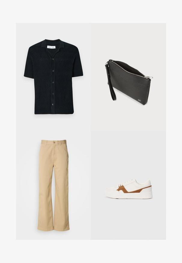 Trumpas juodas megztinis su trumpomis rankovėmis, pagamintas iš tekstūruotos mezgimo medžiagos. Turi apykaklės iškirptę ir mygtukų užsegimą priekyje su tos pačios spalvos mygtukais.; Smėlio spalvos, plačios kojos kelnės, pagamintos iš medvilnės mišinio. Yra mygtuko uždarymas ir diržo kilpos. Lygus paviršius, minimalūs siūlių detalės.; Baltos sportbačiai su rudos zomšos akcentais, pasižymintys tekstūruotu paviršiumi, apvalia nosimi, storu padu ir tradiciniu raiščiais.; Juodas delninukas su tekstūruota oda, lygiais akcentais, viršutiniu užtrauktuku ir nuimamu riešo dirželiu. Kompaktiškas stačiakampio dizainas, minimalus prekės ženklas.