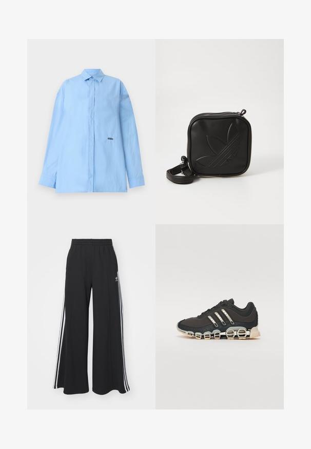 032c PLEASE STEAM OVERSIZED SHIRT - Button-down blouse - light blue; Black wide-leg sweatpants with an elastic waistband, featuring white side stripes and an embroidered logo on the left thigh.; Black athletic shoe with a textured upper, three silver stripes, and a distinctive cushioning sole featuring multiple integrated sections.; Black square crossbody bag made of textured synthetic material. Features an embossed logo design and adjustable strap. Zipper closure.