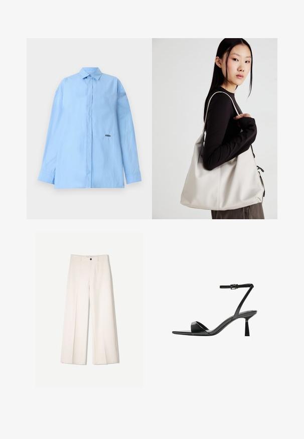 032c PLEASE STEAM OVERSIZED SHIRT - Camicia - light blue; Pantaloni larghi color crema con design sartoriale, dotati di due tasche frontali e una chiusura con bottone anteriore, realizzati in tessuto liscio.; Bershka Sandali con tacco - black; Borsa a mano beige realizzata in materiale morbido, caratterizzata da un design morbido, dettagli cuciti e due manici. Adatta per l'uso quotidiano.