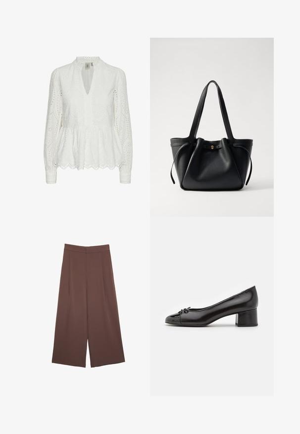 Valkoinen brodeerattu paita, jossa on aaltoileva helma, syvä V-kaula-aukko, pitkät hihat ja monimutkaiset leikkuukuviot kankaassa.; Ruskeat leveälahkeiset housut, joissa on sileä pinta, korkea vyötärö ja etupleat. Kangas on kevyttä ja laskeutuu väljänä.; Musta laatikkokengät, joissa on pyöristetty kärki, pieni nauhakoriste edessä ja matala lohkokorko. Yksinkertainen pinta kauttaaltaan.; Mustan nahkatote-bag, jossa on kaksi pitkää kantohihnaa, nyöri ylhäällä ja kultainen pyöreä koriste. Silkkinen pinta ja minimalistinen muotoilu.