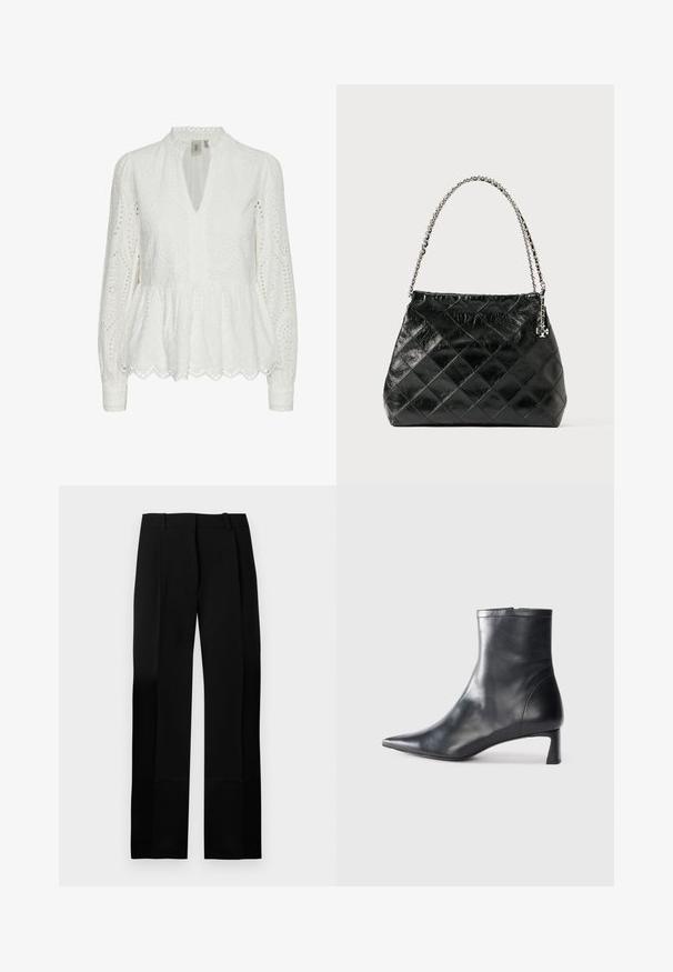 Fehér hímezett blúz, fodros aljjal, mély V-nyakkal, hosszú ujjakkal és bonyolult kivágott mintákkal az anyagon.; Fekete, szabott nadrág sima textúrával, egyenes szárú kialakítással és elöl ráncolt részletekkel. Lapos derékpánttal rendelkezik, látható zárólécek nélkül.; Fekete bőr bokacsizma hegyes orral és letisztult dizájnnal. Alacsony sarka és hátsó cipzáras záródása van. Simának tűnő textúra.; Fekete, steppelt bőr kézitáska ezüst láncos fogantyúval, strukturált kialakítással és sima textúrával.