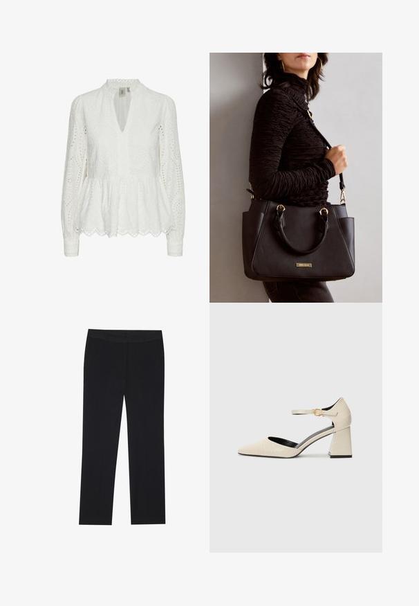 Balta siuvinėta blusa su banguotu apvadu, giliu V formos iškirpimu, ilgomis rankovėmis ir sudėtingomis išpjovomis per visą audinį.; Juodos kelnės su tiesiu kirpimu, turinčios šonines kišenes ir lygią audinio tekstūrą. Minimaliai detalizuotos, švarus liemuo.; Bežinės dirbtinės odos bateliai su blokuotu kulnu, smailiu priekiu, kulkšnies juostele ir subtiliais krokodilo tekstūros akcentais. Juoda vidinė pamušalas.; Juodas rankinės maišelis su struktūrizuota paviršiumi, dvigubais viršutiniais rankenėlėmis ir reguliuojamu peties diržu. Įrengtas aukso spalvos furnitūra ir šoninės kišenės.