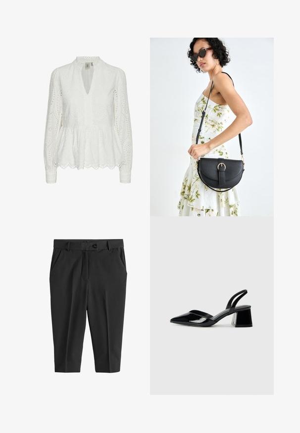 Fehér hímezett blúz, fodros aljjal, mély V-nyakkal, hosszú ujjakkal és bonyolult kivágott mintákkal az anyagon.; Fekete testre szabott nadrág elöl redőkkel, gombos zárással és oldalzsebekkel. Simább textúrájú, rövidített hosszúságú és karcsú siluettel rendelkezik.; Fekete lakk bőr szandálkés magas sarkú cipő, hegyes orral és geometrikus tömbsarkakkal. Karcsú, minimalista dizájn és sima textúra jellemzi.; Fekete bőrtáska ívelt formával, levehető pánttal és arany színű fémrészekkel. A táskán egy csattal díszített fedél található.