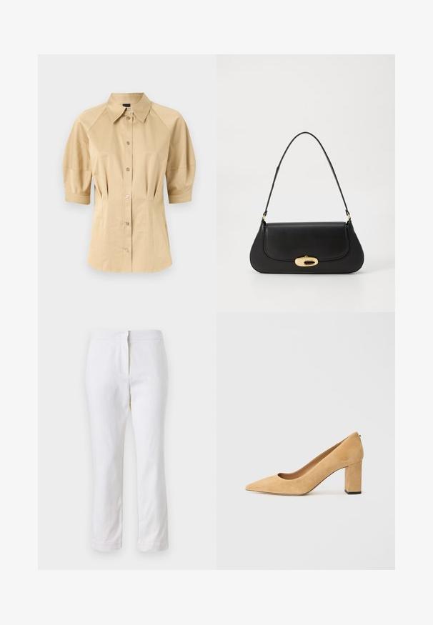 Beež pluus lühikeste puhv-sleeve'idega, laia kraega ja õmbluste detailidega. Valmistatud siledast kangast, ees nööbiga kinnitamine.; Valged puuvillased püksid sirge lõikega, keskmise kõrgusega vöökoht ja ilma nähtavate detailide või mustriteta. Ühtlane sile tekstuur.; Beežist nubukist kõrge kontsaga kingad, millel on terav nina ja massiivne plokkkonts. Materjal on pehme tekstuuriga ja sileda pinnaga.; Mustroone nahast käekott kaarjate vormidega, kuldse tooni detailide ja ülemise käepideme ning sujuva sulgemise ja sileda tekstuuriga.