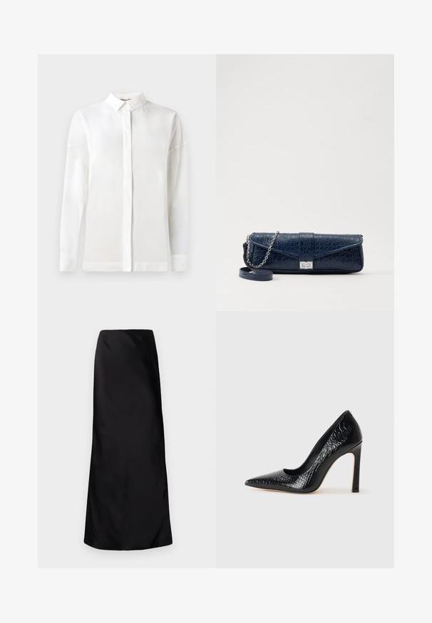 Valge pika varrukaga särk nupulisoe kraega, sileda tekstuuri, sirge lõike ja peidetud nööpide rida. Pehme, kerge kangas ilma mustriteta.; Norma Kamali BIAS OBIE SKIRT - Maksiseelik - black; Mustan teravaotsaga kõrge kontsaga king, millel on krokodillimustriga tekstuur, stiilne disain, kõrge stilettokonts ja sile must sisesisustus.; Tumehall nahast klamber krokodillitekstuuriga, hõbedane kettrihm ja metallist lukk. Ruutuline kuju volditava disainiga.